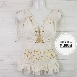 Medium Pura Vida Gold Beaded embroidered Top